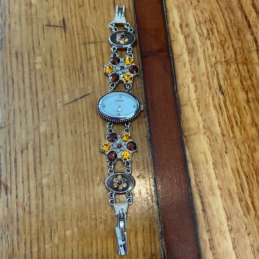 Vintage Rumours Floral Rhinestone Link Bracelet Watch Silver Tone Amber 51024